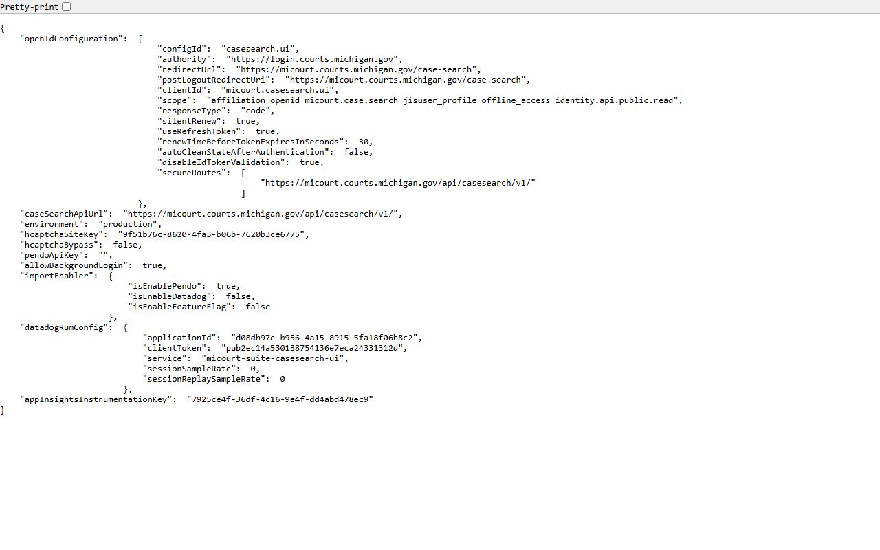 Isabella County court dockets MiCOURT configuration endpoint with court search metadata