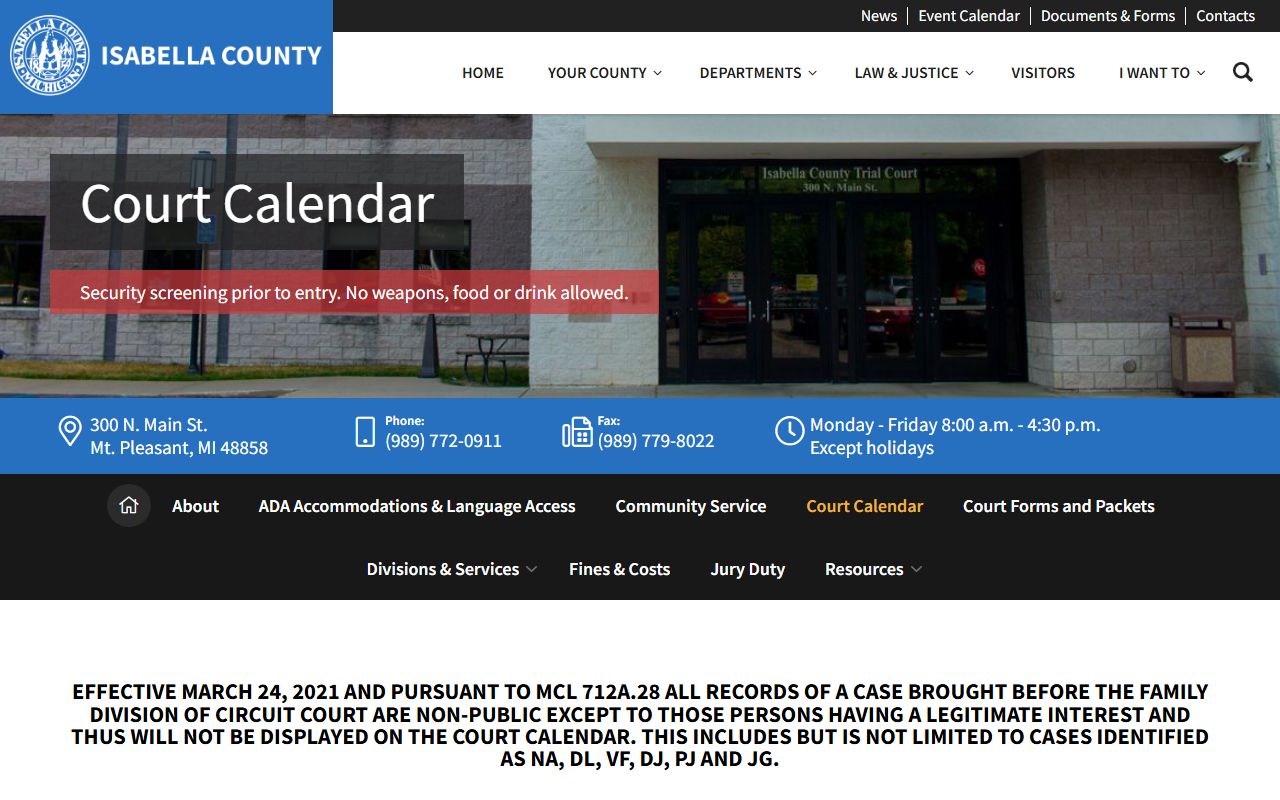 Isabella County court dockets trial court calendar page for upcoming hearings