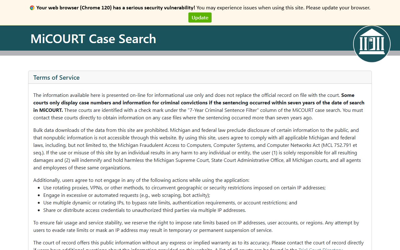 Isabella County court dockets Michigan statewide MiCOURT case search portal