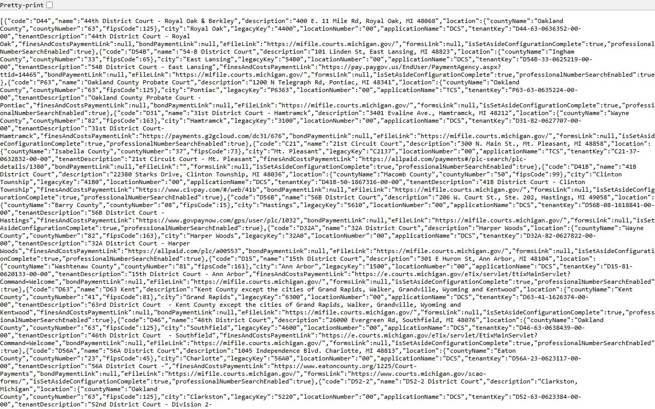 MiCOURT court metadata endpoint used to map Isabella County court records