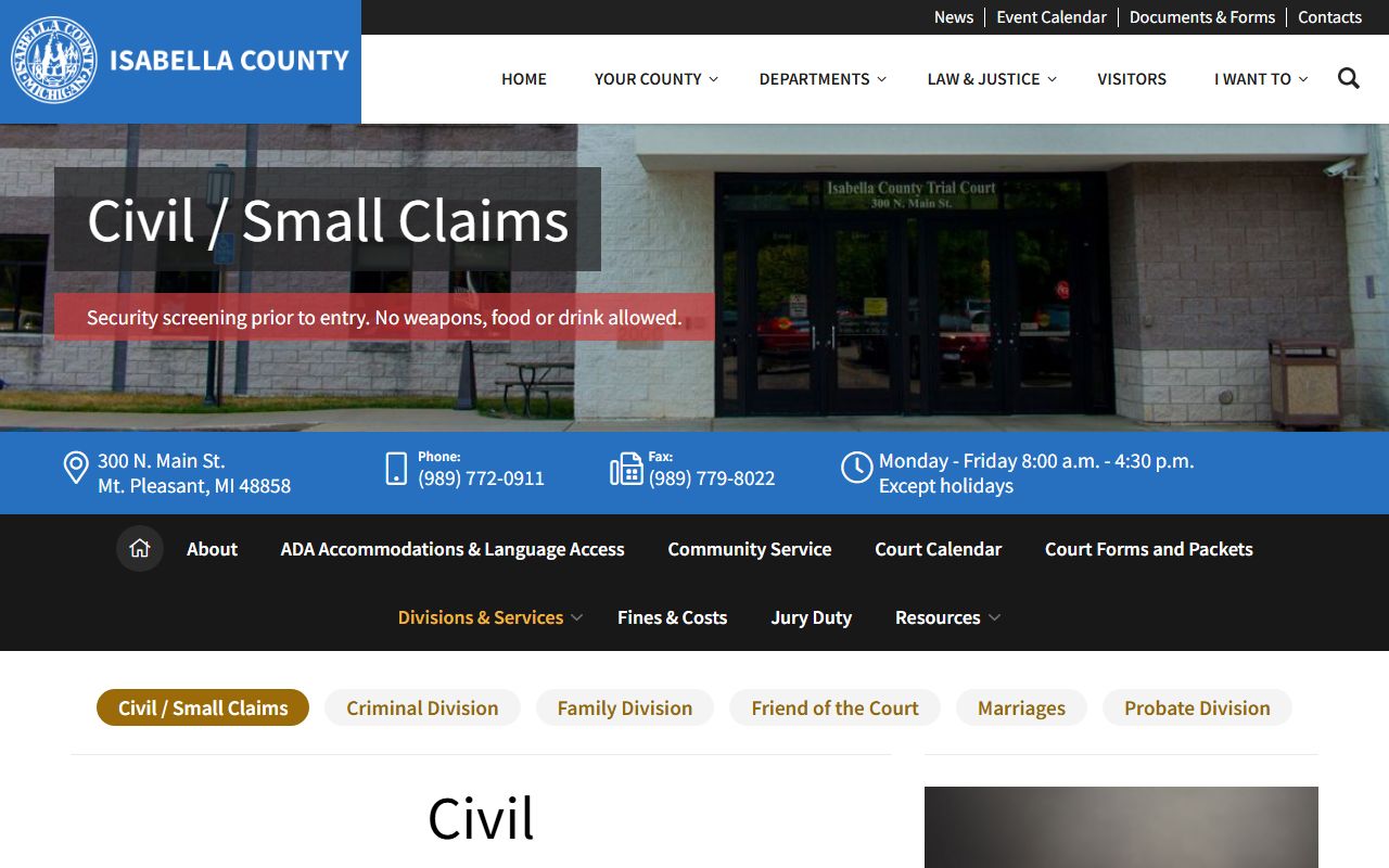 Isabella County court records civil and small claims division page