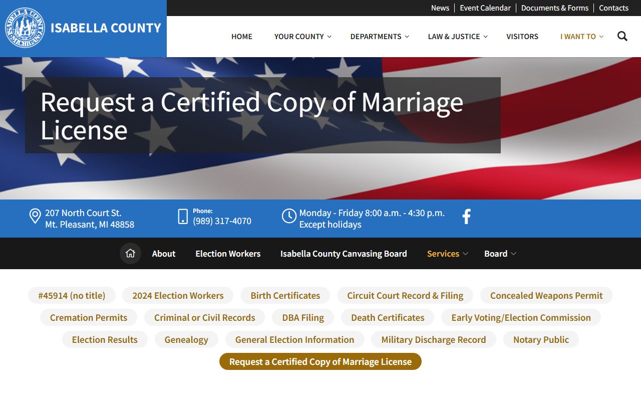 Isabella County marriage record certified copy request page