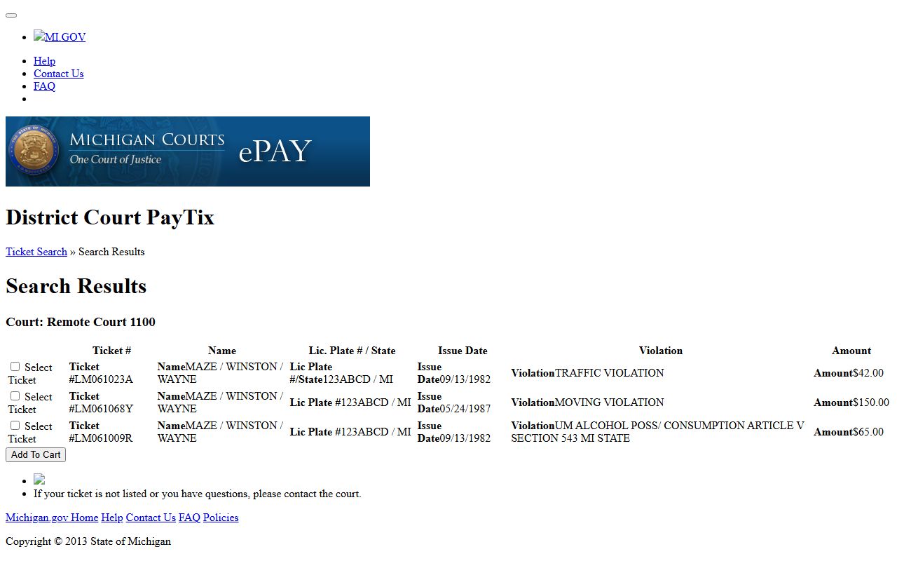 Isabella County traffic ticket results row on the Michigan eTix search page