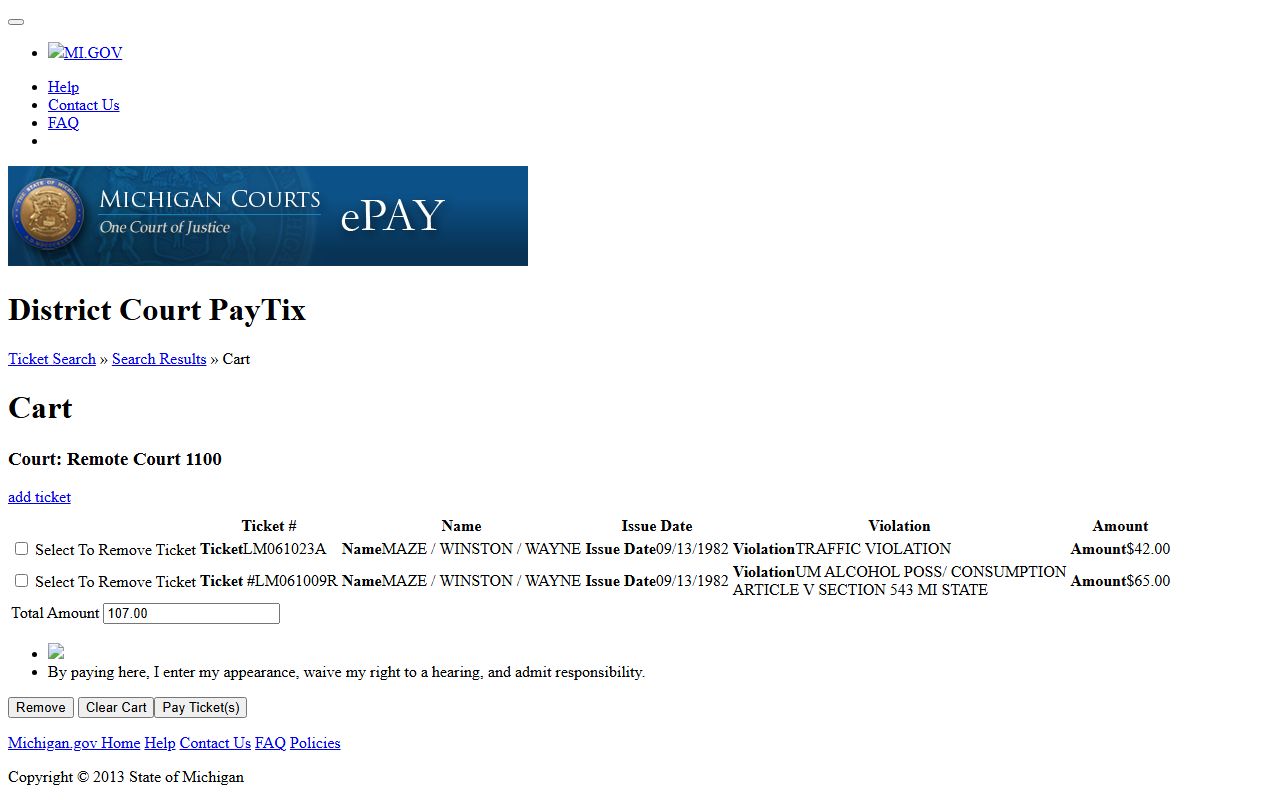 Isabella County traffic ticket in the Michigan eTix payment cart