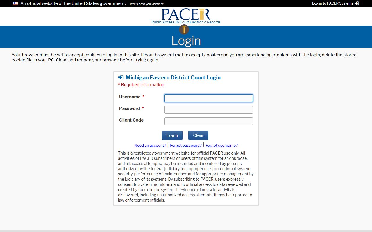 Isabella County traffic federal case access through the PACER login for the Eastern District of Michigan