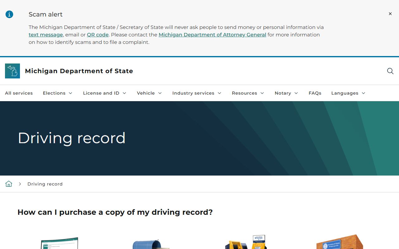 Isabella County traffic driver record ordering page at the Michigan Secretary of State