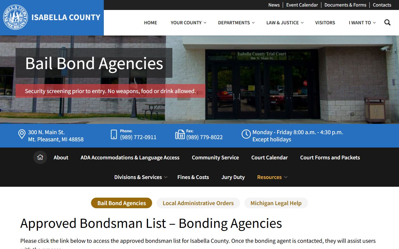 Isabella County warrant records bail bond agency directory